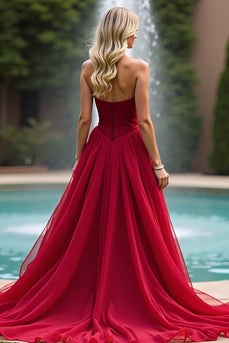 Red A Line Sweetheart Tiered Prom Dress with Embroidery