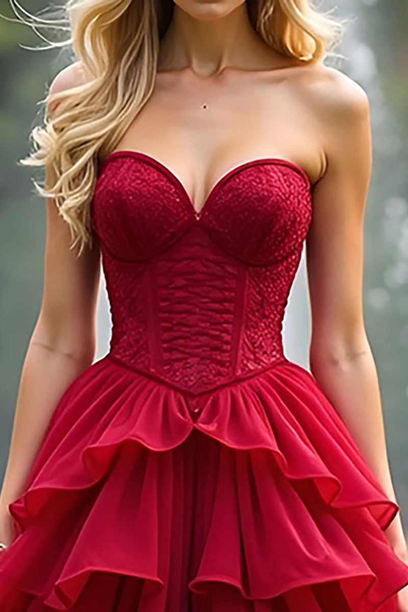 Load image into Gallery viewer, Red A Line Sweetheart Tiered Prom Dress with Embroidery