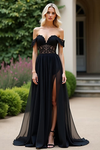 Black A Line Off the Shoulder Lace Appliques Prom Dress with Slit