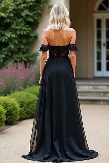 Black A Line Off the Shoulder Lace Appliques Prom Dress with Slit