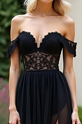 Black A Line Off the Shoulder Lace Appliques Prom Dress with Slit