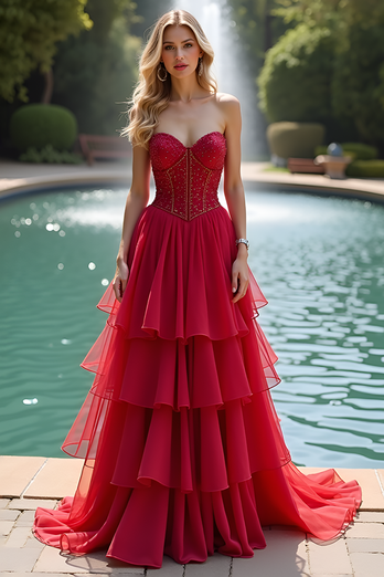 Sparkly Sweetheart Red A Line Tiered Long Prom Dress with Beading