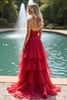 Load image into Gallery viewer, Sparkly Sweetheart Red A Line Tiered Long Prom Dress with Beading