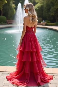 Sparkly Sweetheart Red A Line Tiered Long Prom Dress with Beading