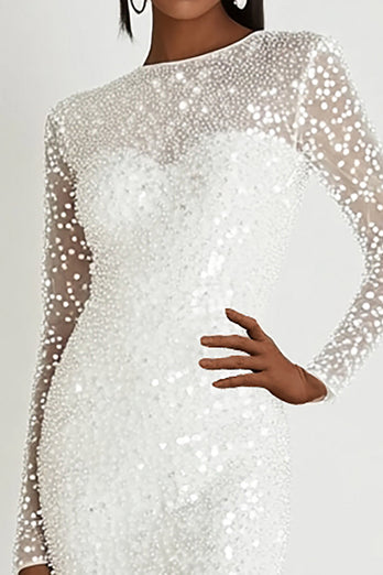 Sparkly White Short Graduation Dress with Long Sleeves