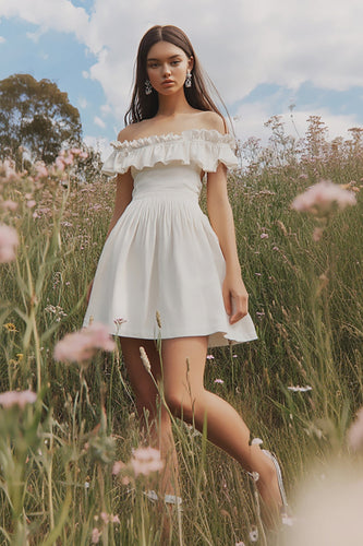 White Flowy Off The Shoulder A Line Short Graduation Dress