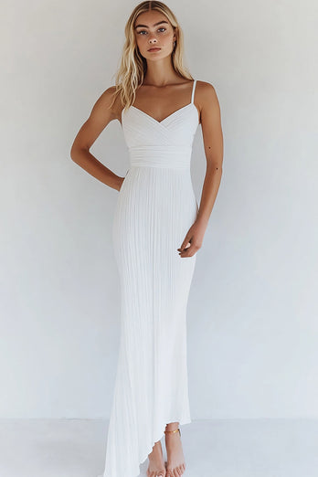 Spaghetti Straps White Ankle Length Graduation Dress