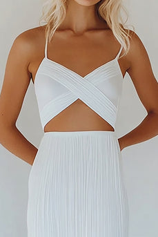 White Spaghetti Straps Cut Out Ankle Length Graduation Dress