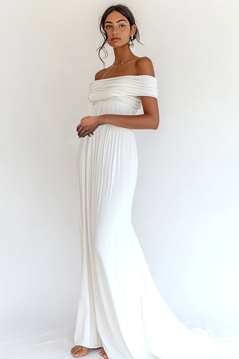 Load image into Gallery viewer, White Off The Shoulder Pleated Chiffon Long Graduation Dress