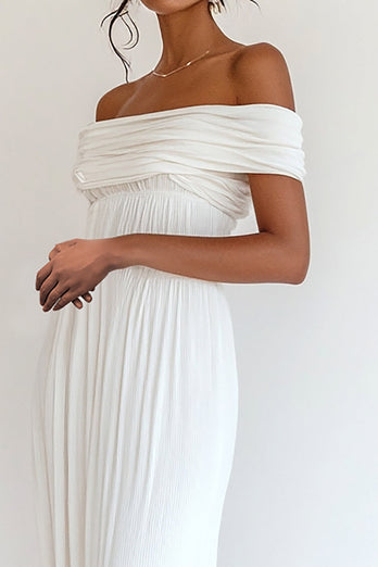 White Off The Shoulder Pleated Chiffon Long Graduation Dress