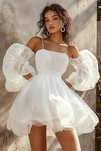 White A Line Short Graduation Dress with Puff Sleeves