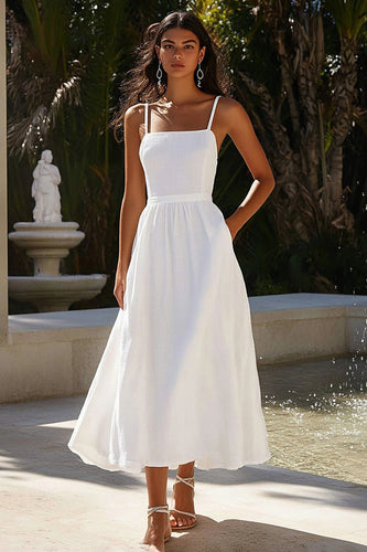 A Line White Spaghetti Straps Ankle Length Graduation Dress