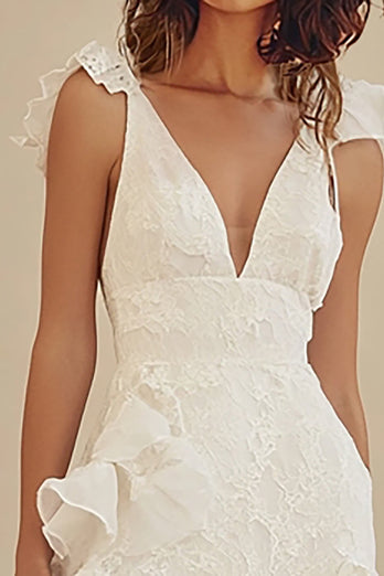 White Lace Ankle Length Graduation Dress with Ruffles