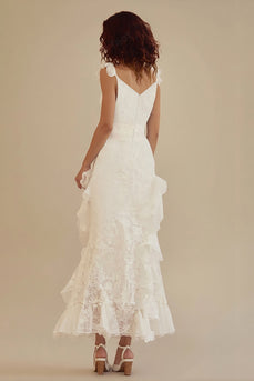 White Lace Ankle Length Graduation Dress with Ruffles