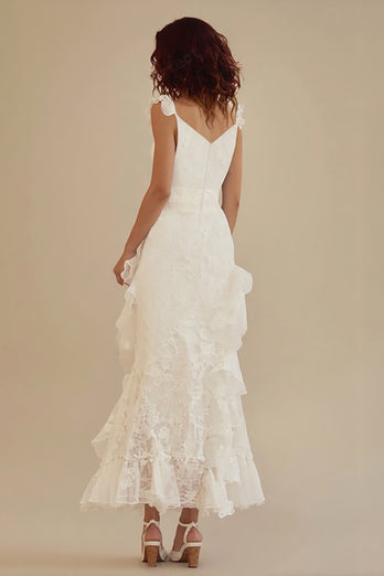 White Lace Ankle Length Graduation Dress with Ruffles