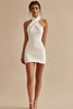 Load image into Gallery viewer, Satin White Bodycon Cross Halter Mini Graduation Dress