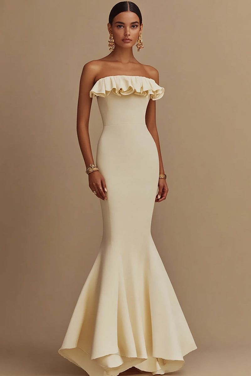 Load image into Gallery viewer, Mermaid Satin White Strapless Graduation Dress with Ruffles