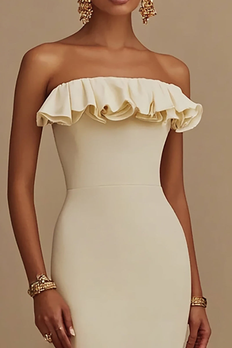 Load image into Gallery viewer, Mermaid Satin White Strapless Graduation Dress with Ruffles