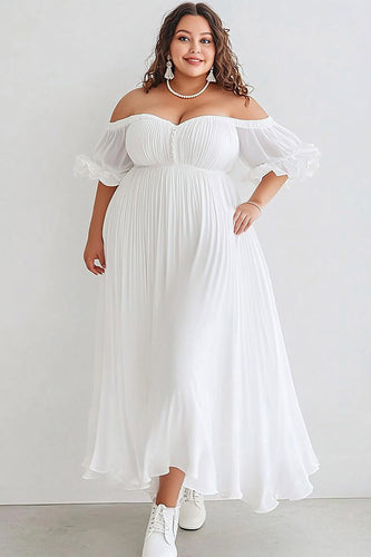 Plus Size White Tea Length Off the Shoulder Graduation Dress with Puff Sleeves