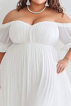 Plus Size White Tea Length Off the Shoulder Graduation Dress with Puff Sleeves