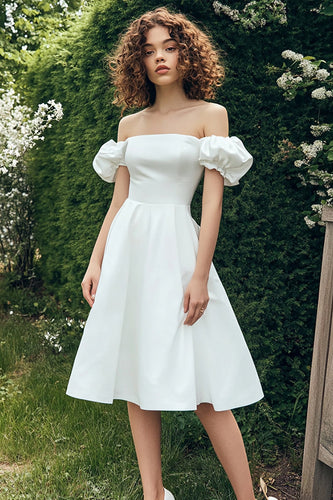 Satin White Off The Shoulder Knee Length Graduation Dress