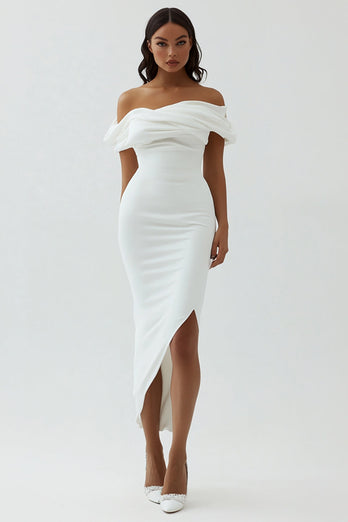 White Sheath Tea Length Off The Shoulder Graduation Dress