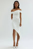 Load image into Gallery viewer, White Off The Shoulder Ruched Asymmetrical Tea Length Graduation Dress