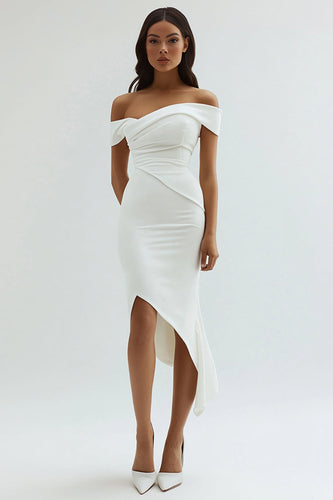 White Off The Shoulder Ruched Asymmetrical Tea Length Graduation Dress