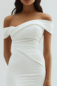 White Off The Shoulder Ruched Asymmetrical Tea Length Graduation Dress