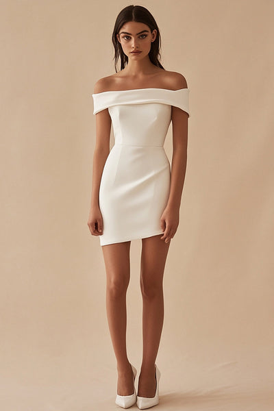 White Sheath Petite Length Off The Shoulder Graduation Dress