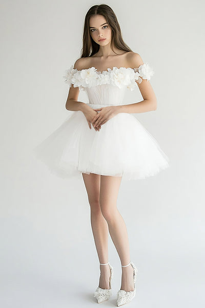 White Off The Shoulder A Line Tulle Short Graduation Dress with 3D Flowers