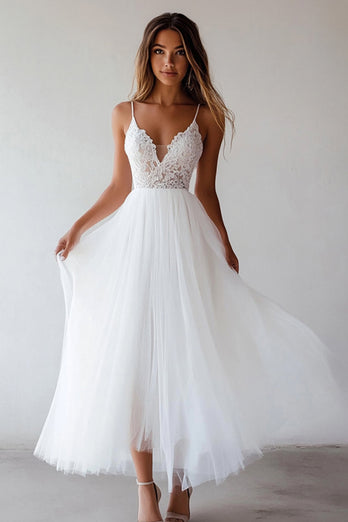 White A Line Tulle Graduation Dress with Embroidery