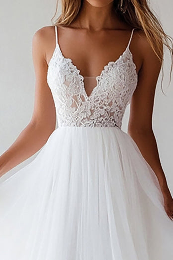 White A Line Tulle Graduation Dress with Embroidery