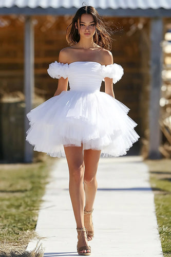 White Off the Shoulder Tiered Tulle Mini Graduation Dress