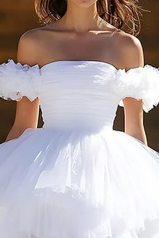 White Off the Shoulder Tiered Tulle Mini Graduation Dress