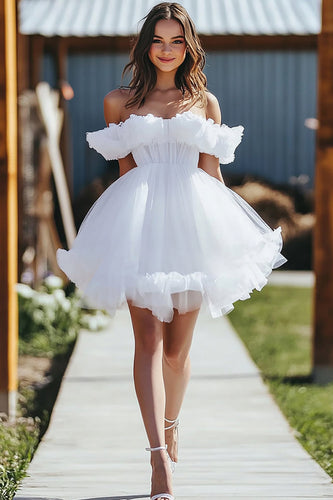 White Tulle Off the Shoulder A Line Mini Graduation Dress with Ruffles