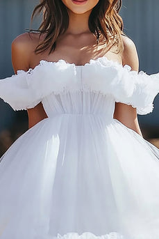 White Tulle Off the Shoulder A Line Mini Graduation Dress with Ruffles