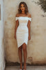 Load image into Gallery viewer, White Sheath Off the Shoulder Satin Graduation Dress