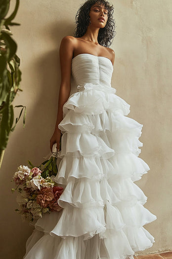 White A Line Strapless Ruched Tiered Long Graduation Dress