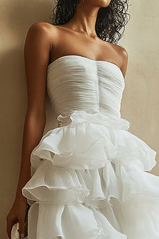 White A Line Strapless Ruched Tiered Long Graduation Dress