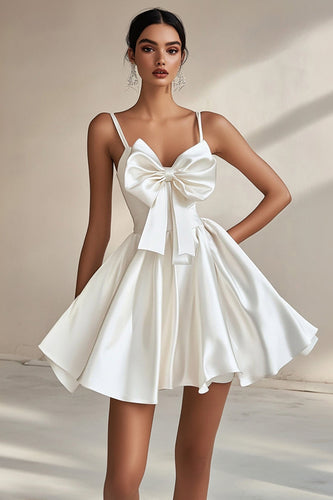 A Line White Satin Spaghetti Straps Short Graduation Dress with Bowknot