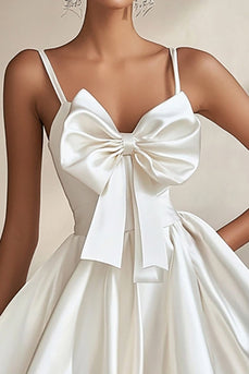 A Line White Satin Spaghetti Straps Short Graduation Dress with Bowknot