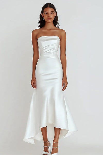 Sheath White Strapless Satin Tea Length Graduation Dress