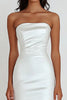 Load image into Gallery viewer, Sheath White Strapless Satin Tea Length Graduation Dress