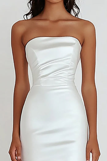 Sheath White Strapless Satin Tea Length Graduation Dress