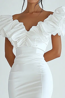 Bodycon White V Neck Satin Short Graduation Dress with Ruffles