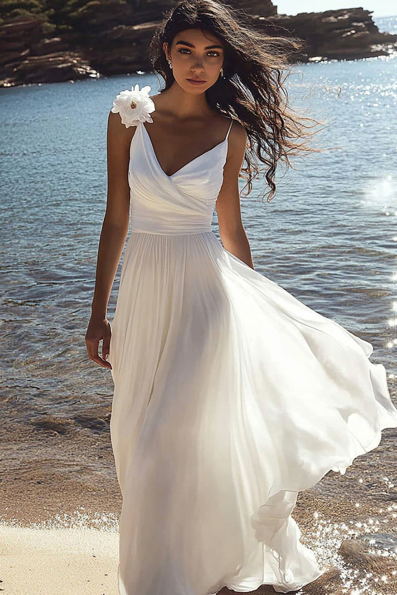 Load image into Gallery viewer, White A Line Floor Length Chiffon Graduation Dress with Flowers