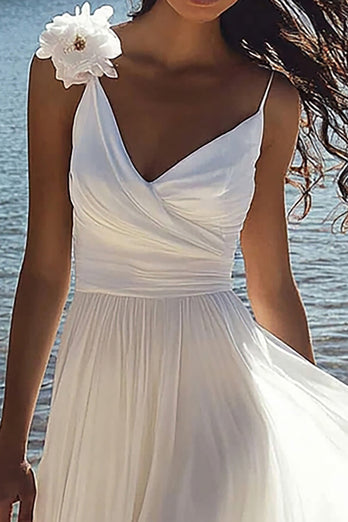 White A Line Floor Length Chiffon Graduation Dress with Flowers