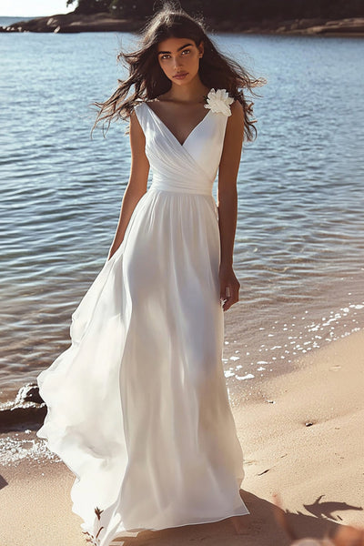 White Chiffon A Line V-Neck Long Graduation Dress