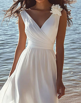 White Chiffon A Line V-Neck Long Graduation Dress